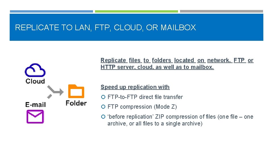 REPLICATE TO LAN, FTP, CLOUD, OR MAILBOX Replicate files to folders located on network,
