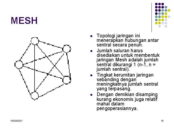 MESH l l 10/20/2021 Topologi jaringan ini menerapkan hubungan antar sentral secara penuh. Jumlah