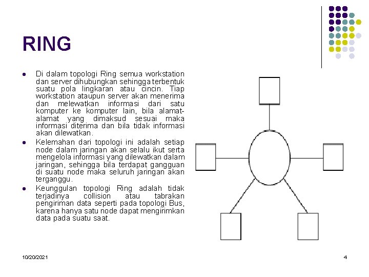 RING l l l Di dalam topologi Ring semua workstation dan server dihubungkan sehingga