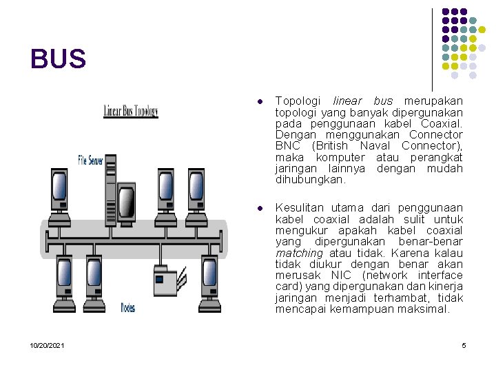 BUS 10/20/2021 l Topologi linear bus merupakan topologi yang banyak dipergunakan pada penggunaan kabel