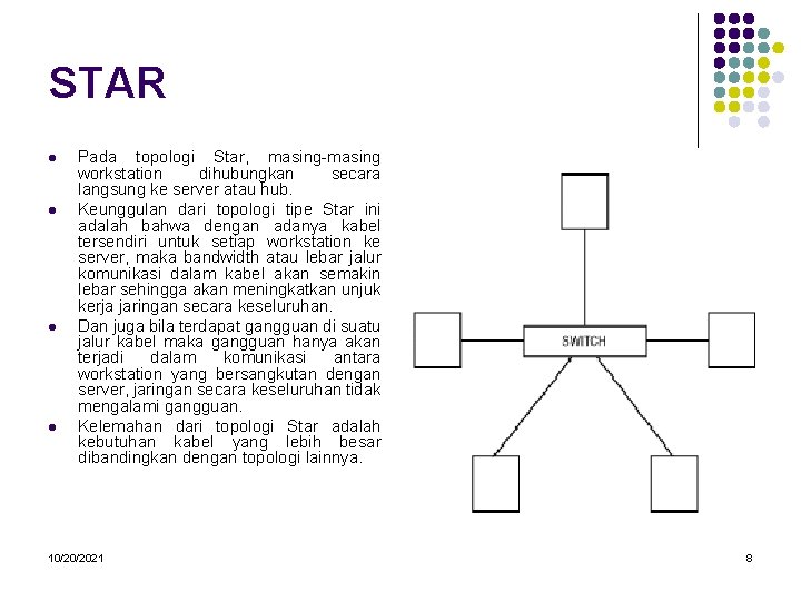 STAR l l Pada topologi Star, masing-masing workstation dihubungkan secara langsung ke server atau