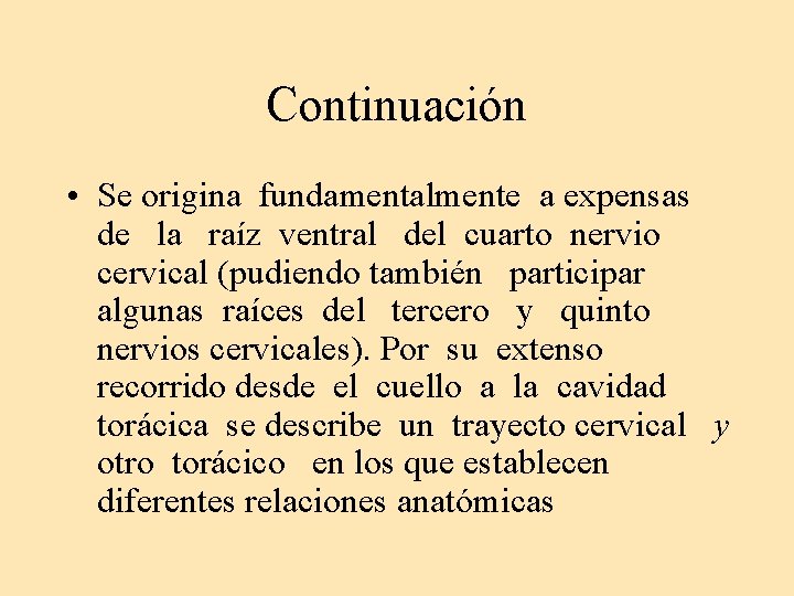 Continuación • Se origina fundamentalmente a expensas de la raíz ventral del cuarto nervio