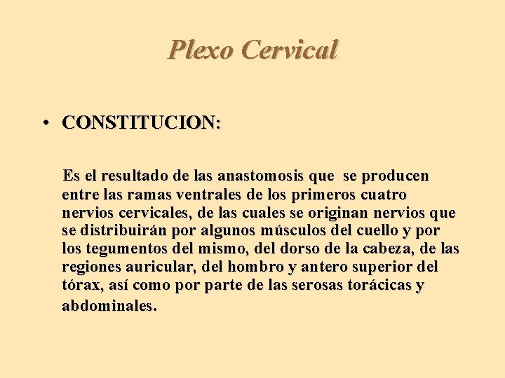 Plexo Cervical • CONSTITUCION: Es el resultado de las anastomosis que se producen entre
