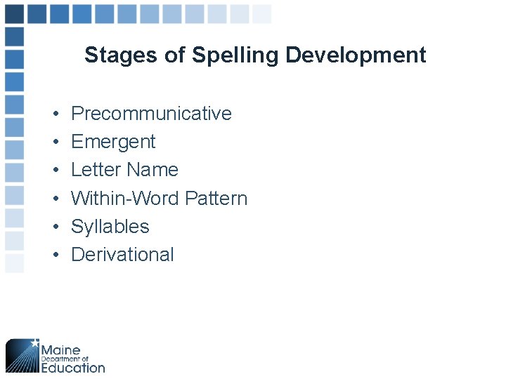 Stages of Spelling Development • • • Precommunicative Emergent Letter Name Within-Word Pattern Syllables