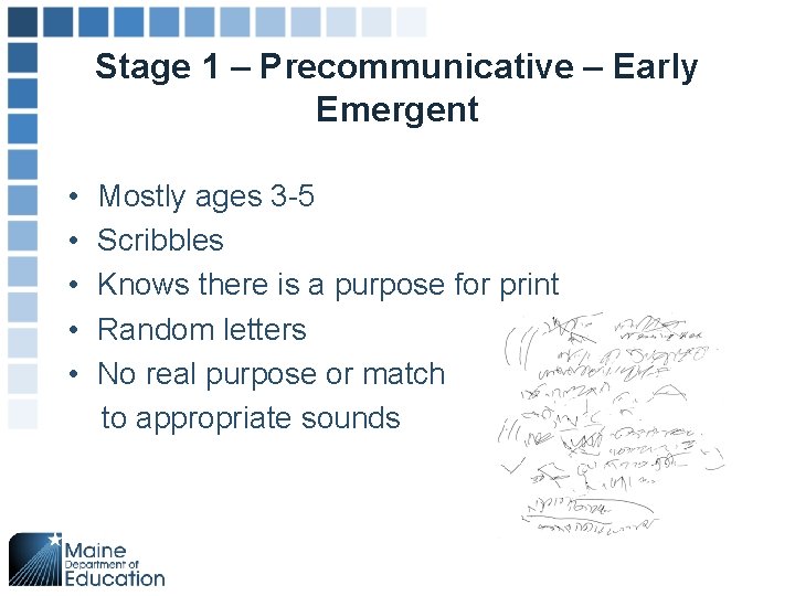 Stage 1 – Precommunicative – Early Emergent • • • Mostly ages 3 -5