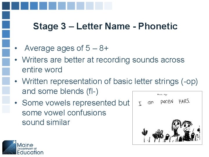 Stage 3 – Letter Name - Phonetic • Average ages of 5 – 8+