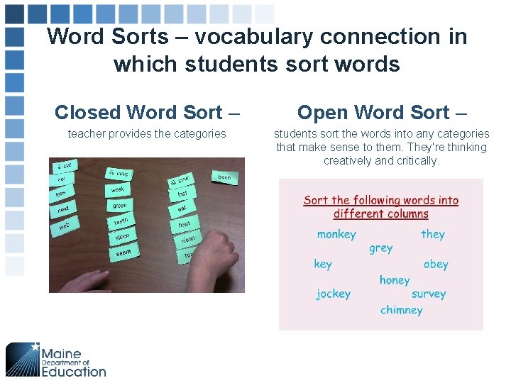 Word Sorts – vocabulary connection in which students sort words Closed Word Sort –