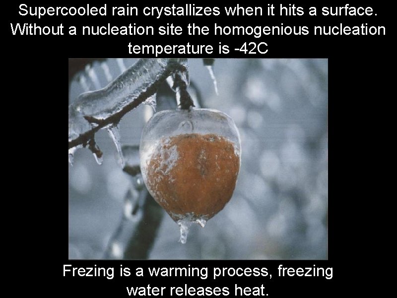 Supercooled rain crystallizes when it hits a surface. Without a nucleation site the homogenious
