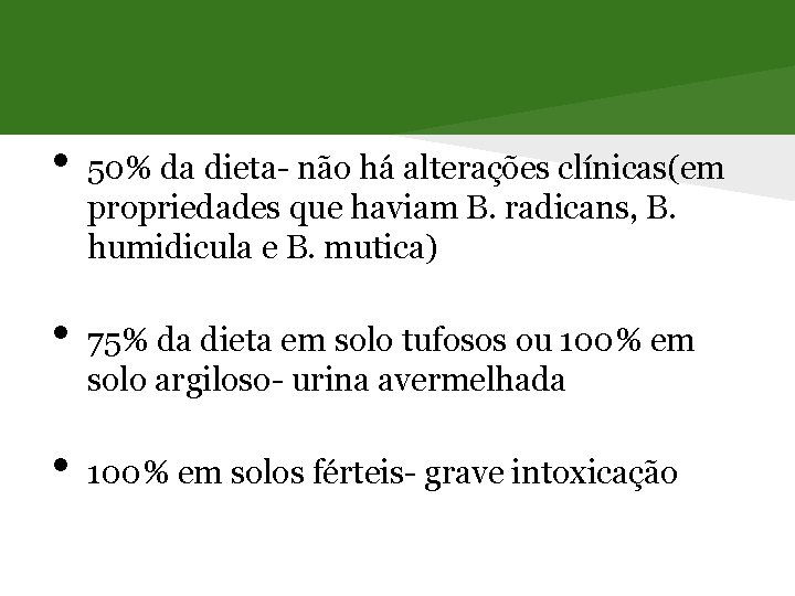  • • • 50% da dieta- não há alterações clínicas(em propriedades que haviam