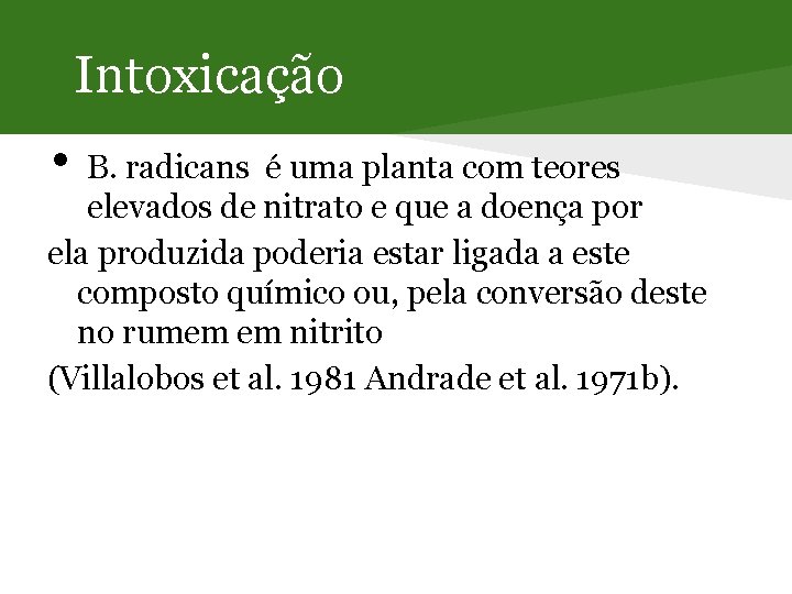 Intoxicação • B. radicans é uma planta com teores elevados de nitrato e que