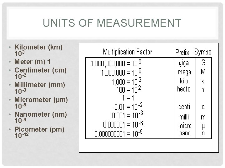 UNITS OF MEASUREMENT • Kilometer (km) 103 • Meter (m) 1 • Centimeter (cm)