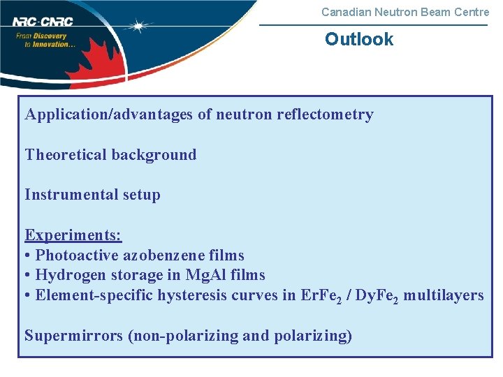 Canadian Neutron Beam Centre Outlook Application/advantages of neutron reflectometry Theoretical background Instrumental setup Experiments: