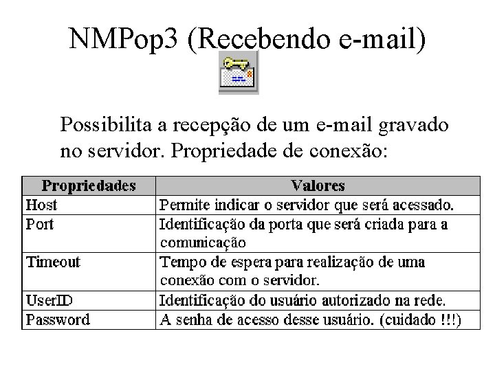 NMPop 3 (Recebendo e-mail) Possibilita a recepção de um e-mail gravado no servidor. Propriedade