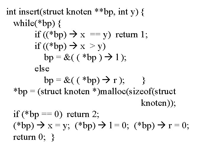 int insert(struct knoten **bp, int y) { while(*bp) { if ((*bp) x == y)