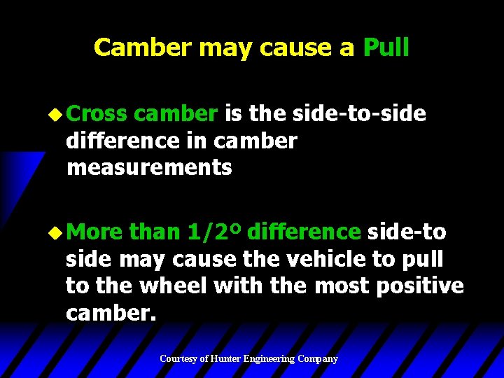 Camber may cause a Pull u Cross camber is the side-to-side difference in camber