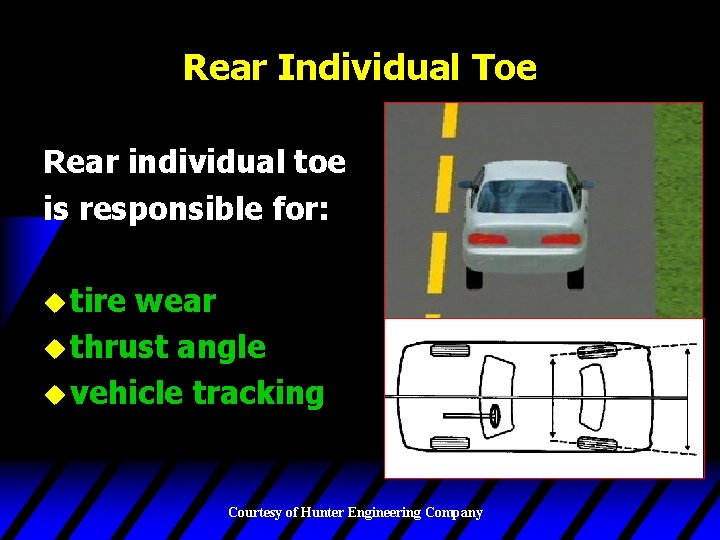 Rear Individual Toe Rear individual toe is responsible for: u tire wear u thrust