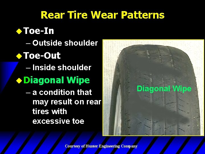 Rear Tire Wear Patterns u Toe-In – Outside shoulder u Toe-Out – Inside shoulder
