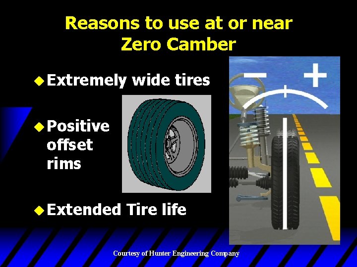 Reasons to use at or near Zero Camber u Extremely wide tires u Positive