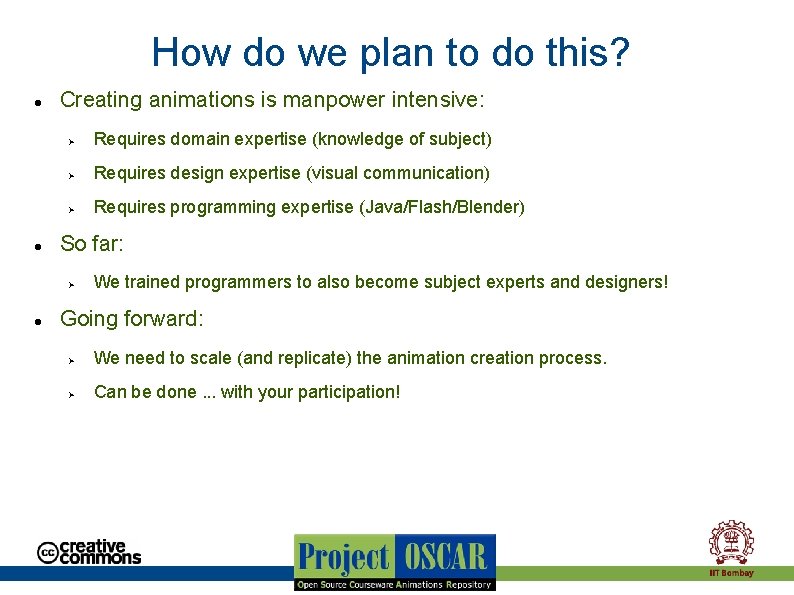 How do we plan to do this? Creating animations is manpower intensive: Requires domain