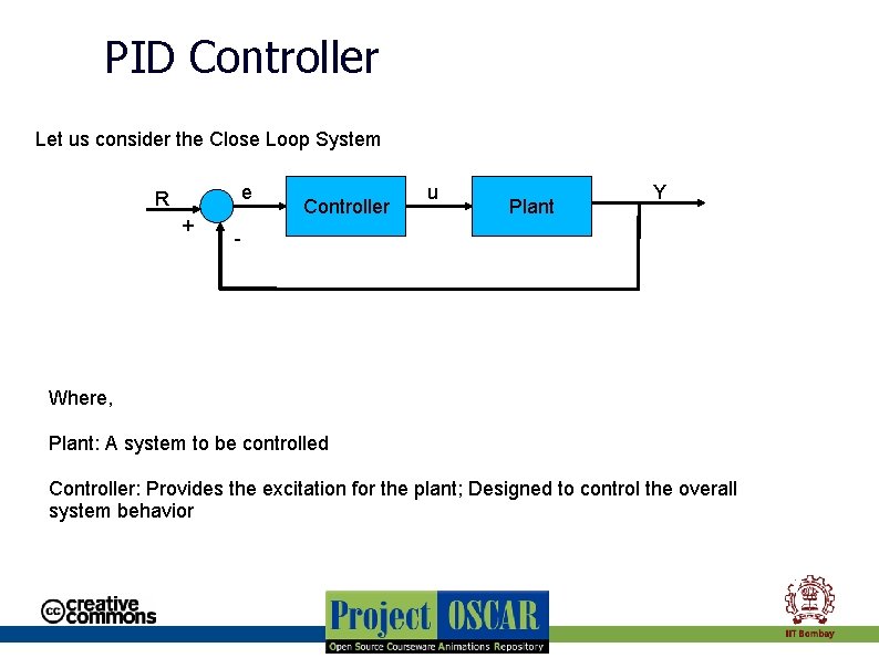 PID Controller Let us consider the Close Loop System e R + Controller u