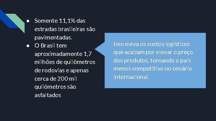 ● Somente 11, 1% das estradas brasileiras são pavimentadas. ● O Brasil tem aproximadamente