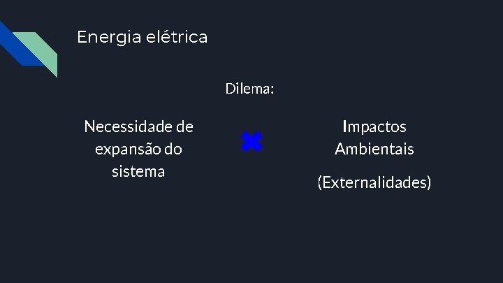 Energia elétrica Dilema: Necessidade de expansão do sistema Impactos Ambientais (Externalidades) 