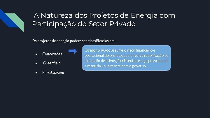 A Natureza dos Projetos de Energia com Participação do Setor Privado Os projetos de