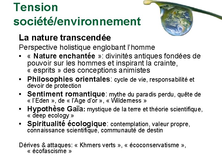 Tension société/environnement La nature transcendée Perspective holistique englobant l’homme • « Nature enchantée »