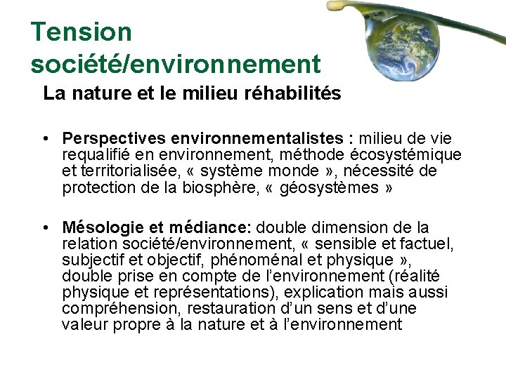 Tension société/environnement La nature et le milieu réhabilités • Perspectives environnementalistes : milieu de