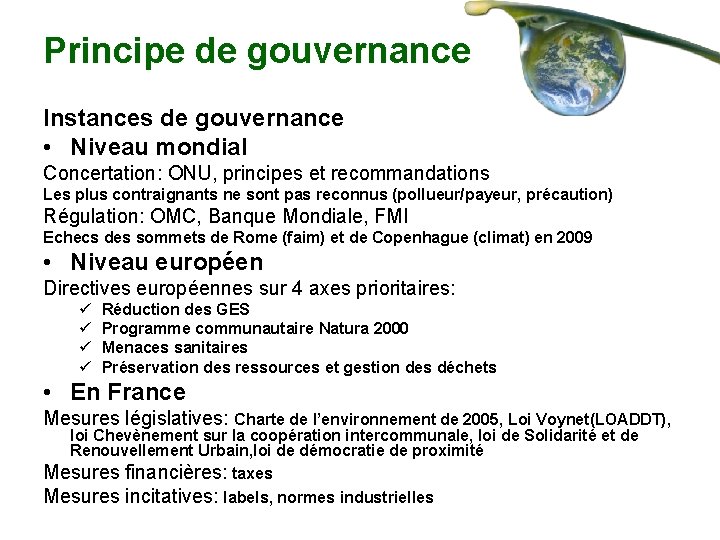 Principe de gouvernance Instances de gouvernance • Niveau mondial Concertation: ONU, principes et recommandations
