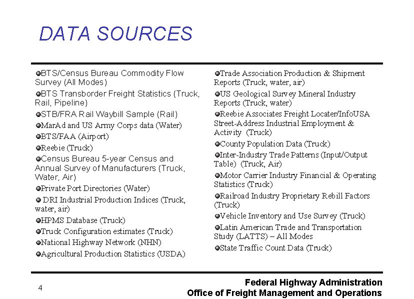 DATA SOURCES BTS/Census Bureau Commodity Flow Survey (All Modes) BTS Transborder Freight Statistics (Truck,