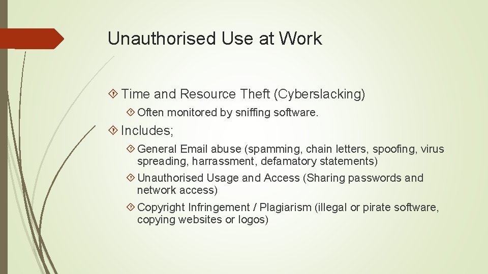 Unauthorised Use at Work Time and Resource Theft (Cyberslacking) Often monitored by sniffing software.