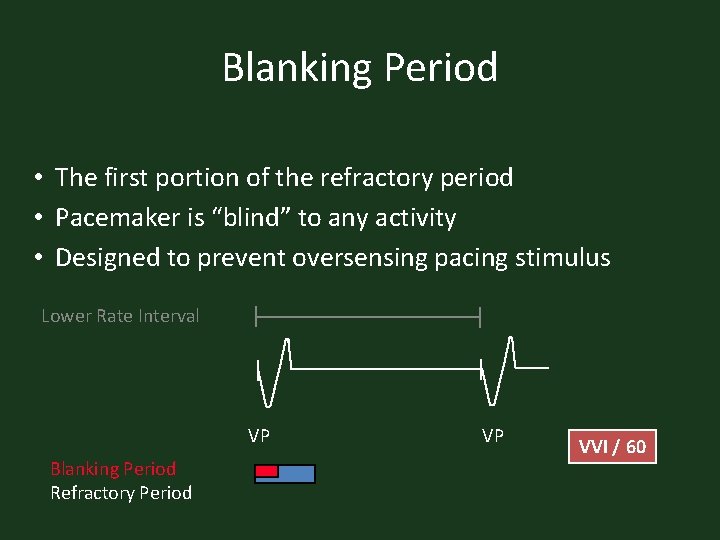 Blanking Period • The first portion of the refractory period • Pacemaker is “blind”