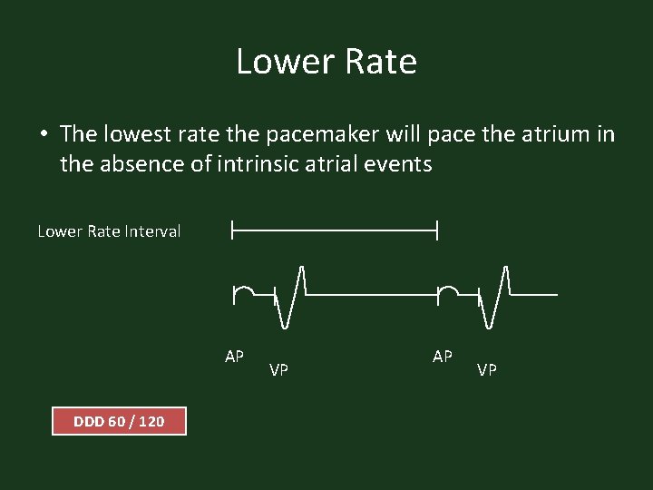 Lower Rate • The lowest rate the pacemaker will pace the atrium in the