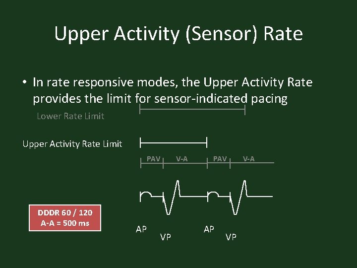 Upper Activity (Sensor) Rate • In rate responsive modes, the Upper Activity Rate provides