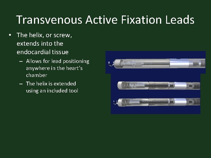 Transvenous Active Fixation Leads • The helix, or screw, extends into the endocardial tissue
