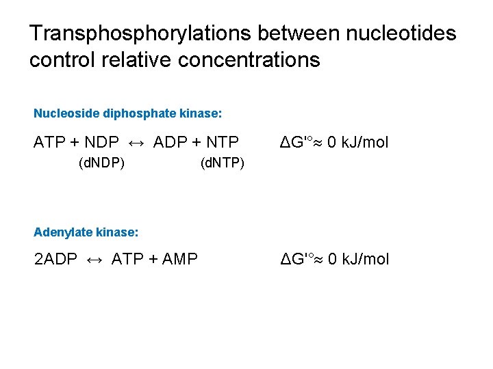 Transphorylations between nucleotides control relative concentrations Nucleoside diphosphate kinase: ATP + NDP ↔ ADP