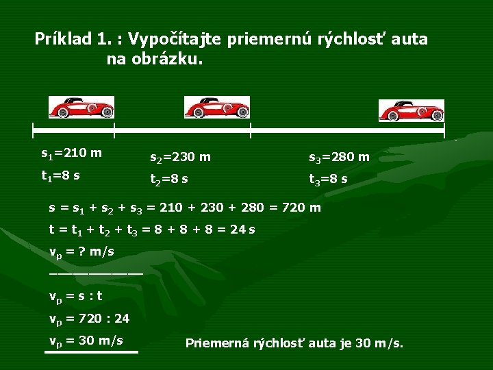 Príklad 1. : Vypočítajte priemernú rýchlosť auta na obrázku. s 1=210 m s 2=230