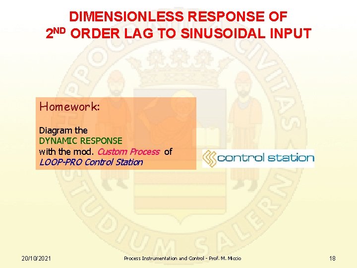 DIMENSIONLESS RESPONSE OF 2 ND ORDER LAG TO SINUSOIDAL INPUT Homework: Diagram the DYNAMIC