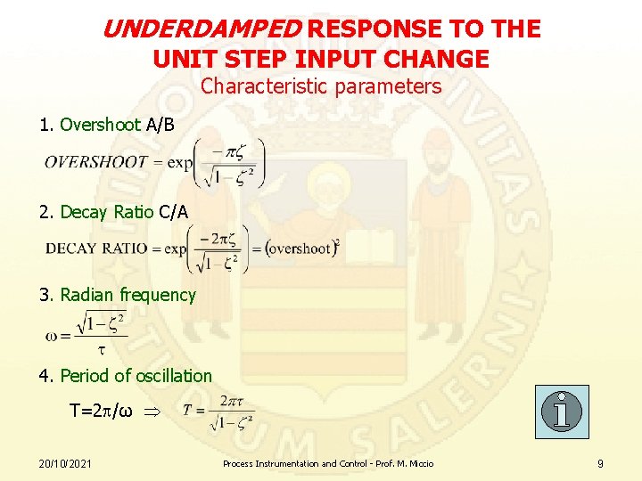 UNDERDAMPED RESPONSE TO THE UNIT STEP INPUT CHANGE Characteristic parameters 1. Overshoot A/B 2.