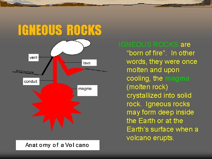 IGNEOUS ROCKS are “born of fire”. In other words, they were once molten and