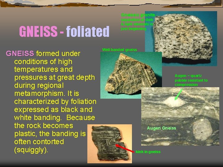 Gneissic granite – GNEISS - foliated GNEISS formed under conditions of high temperatures and