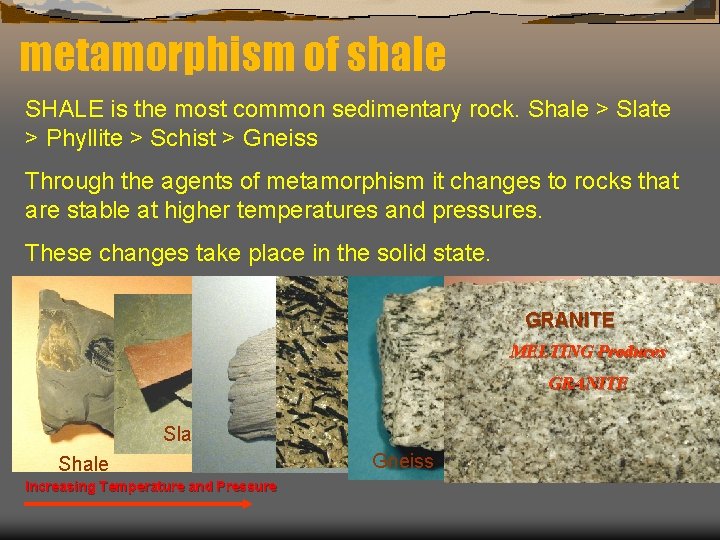 metamorphism of shale SHALE is the most common sedimentary rock. Shale > Slate >