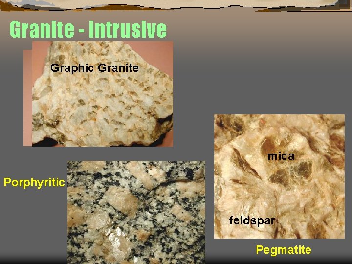 Granite - intrusive Graphic Granite mica Porphyritic feldspar Pegmatite 