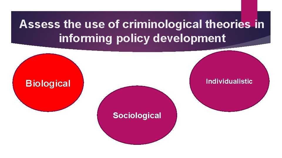 Assess the use of criminological theories in informing policy development Individualistic Biological Sociological 
