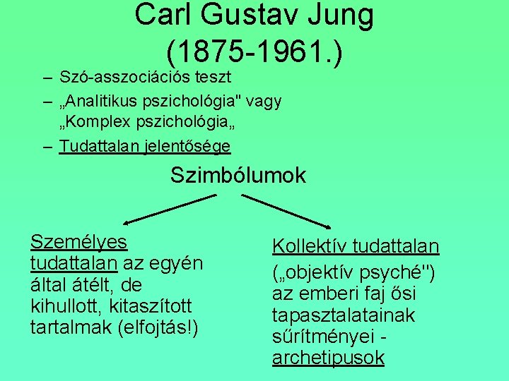 Carl Gustav Jung (1875 -1961. ) – Szó-asszociációs teszt – „Analitikus pszichológia" vagy „Komplex