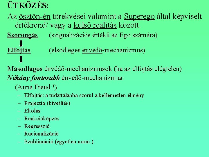 ÜTKÖZÉS: Az ösztön-én törekvései valamint a Superego által képviselt értékrend/ vagy a külső realitás