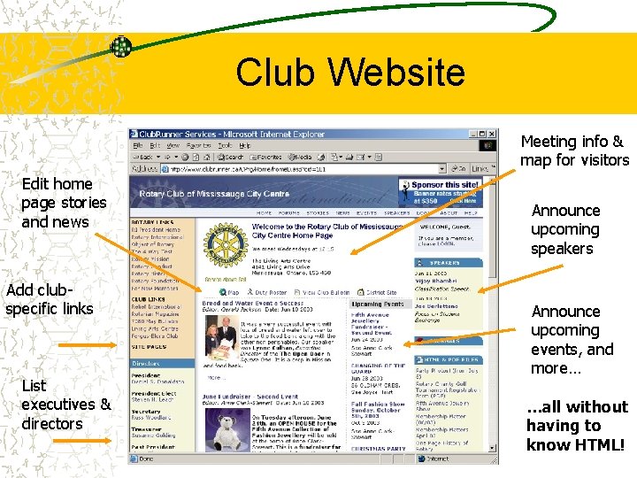 Club Website Meeting info & map for visitors Edit home page stories and news