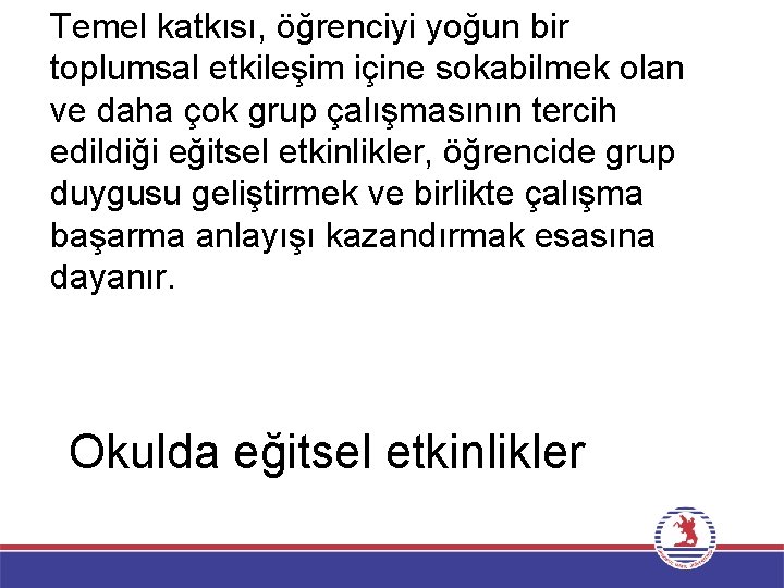 Temel katkısı, öğrenciyi yoğun bir toplumsal etkileşim içine sokabilmek olan ve daha çok grup