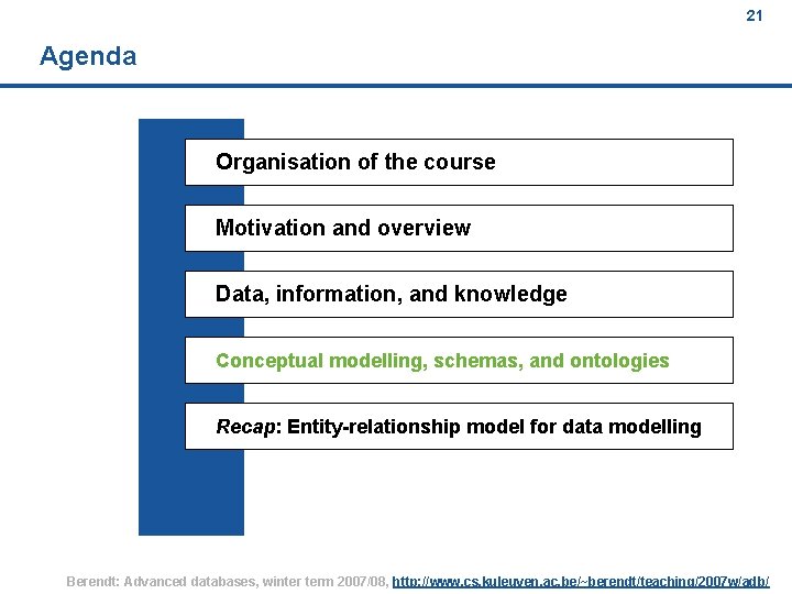 21 Agenda Organisation of the course Motivation and overview Data, information, and knowledge Conceptual